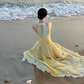 Light yellow sleeveless straight-cut long elegant prom dress R7984