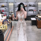 White halter neck, fitted waist, slimming and sexy long ball gown R7905