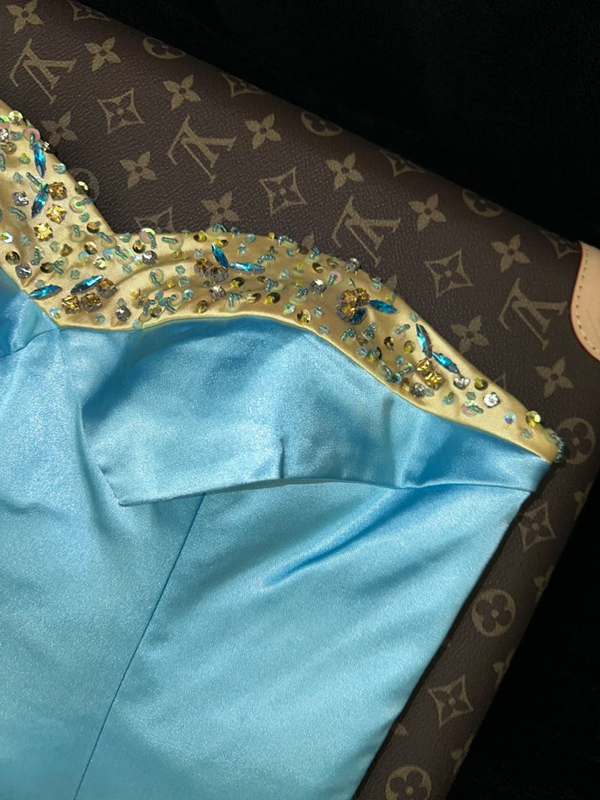 Blue strapless, fitted, bodycon mermaid long ball gown R6998