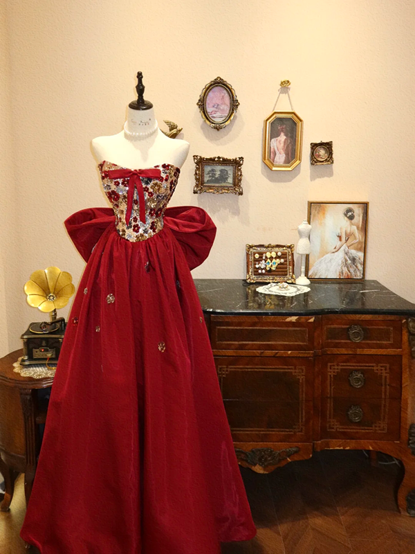 Red strapless sequined fitted long wedding dress R6599