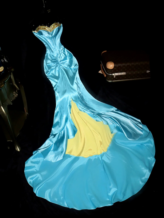 Blue strapless, fitted, bodycon mermaid long ball gown R6998