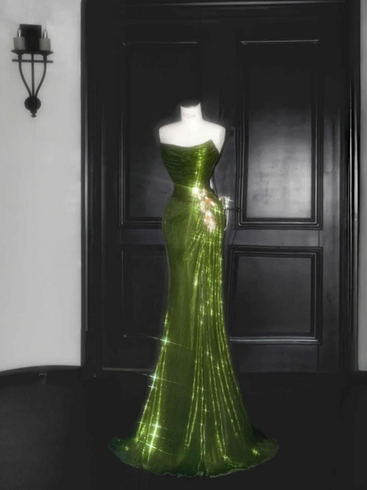 Green strapless satin waist slim-fit drape maxi dress, prom dress R5648