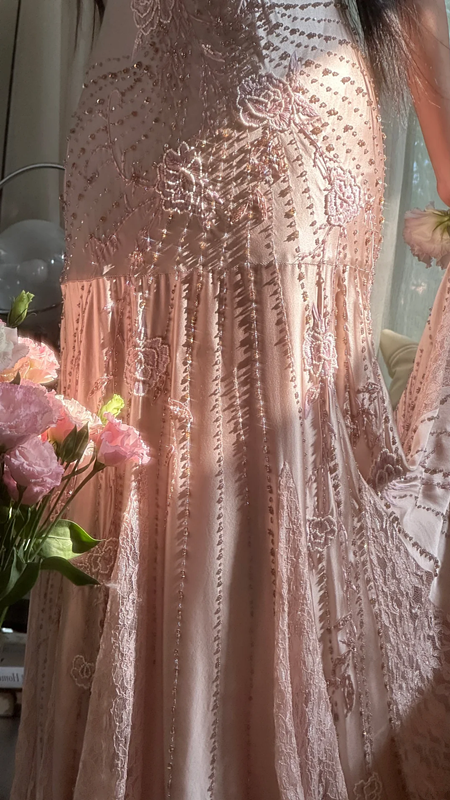 Light pink halter-neck fitted long ball gown with rhinestones - sexy and slimming R7786