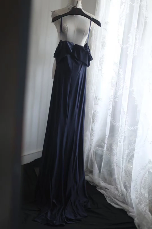 Navy blue halter-neck off-the-shoulder fitted long ball gown R6758