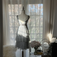 Light gray halter-neck low-cut fitted waist tiered skirt short ball gown R7714