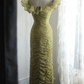 Green off-the-shoulder, fitted, pleated, long ball gown with ruffles R6719