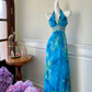 Blue halter-neck, fitted waist, elegant long ball gown R6877