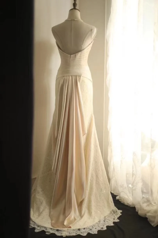 White strapless fitted waist slim-fitting lace skirt long ball gown R6798