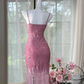 Rose pink sequined halter top, fitted waist, bodycon short ball gown R7634