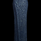 Navy blue sequined halter-neck fitted waist slimming backless hip-revealing long ball gown R6679