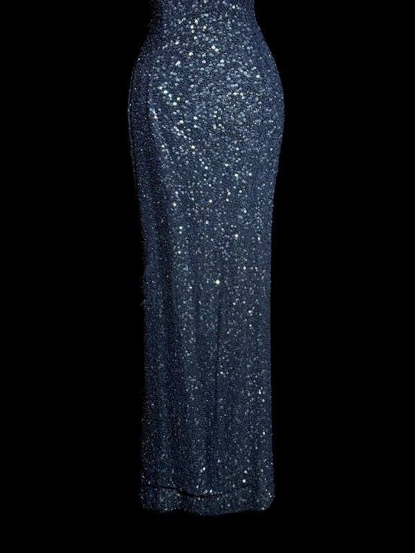 Navy blue sequined halter-neck fitted waist slimming backless hip-revealing long ball gown R6679