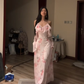 Light pink floral print halter top, fitted waist, sexy long ball gown R7596