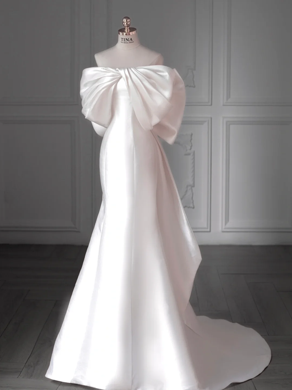 White satin one-shoulder slim waist hip long dress bridal gown R5879