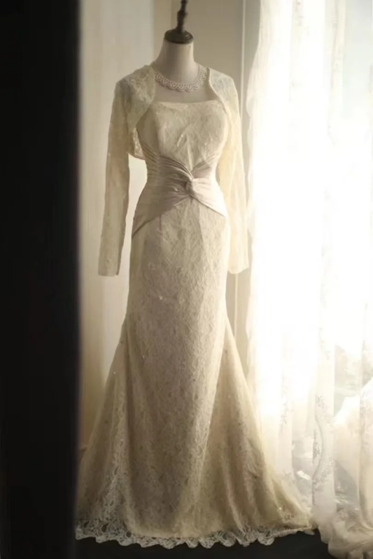 White strapless fitted waist slim-fitting lace skirt long ball gown R6798