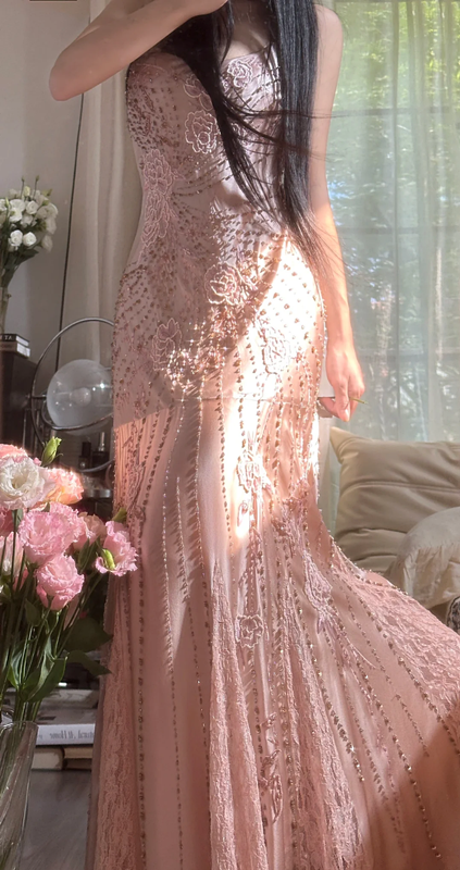 Light pink halter-neck fitted long ball gown with rhinestones - sexy and slimming R7786