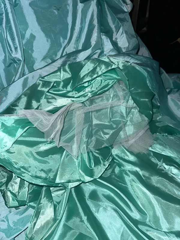 Lake blue satin strapless fitted long ball gown R6918