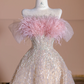 Light pink strapless neckline with feather design, light champagne-colored long ball gown, bridal dress R8366