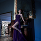 Purple strapless fitted waist slim slit sexy ball gown R7078