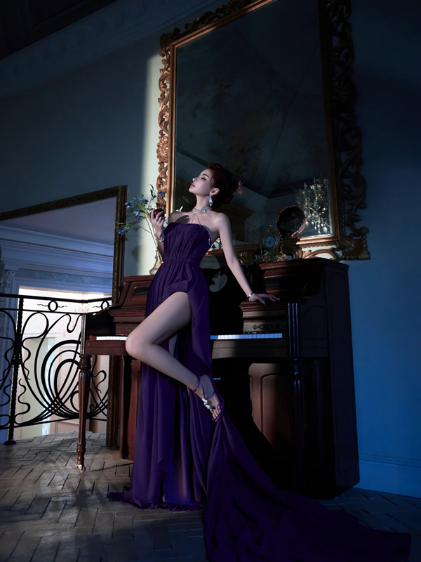 Purple strapless fitted waist slim slit sexy ball gown R7078