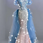 Pink-Blue Ombre Off-the-Shoulder Waist-Cinched Slim-Fit Bodycon Sexy Ball Gown R7157