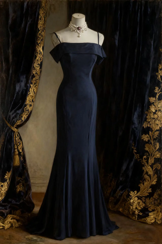 Navy blue halter-neck off-the-shoulder fitted long ball gown R6758