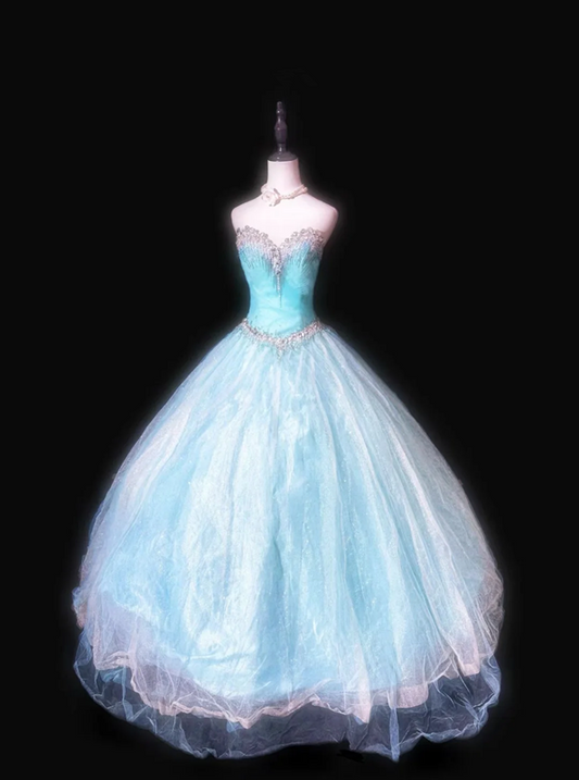 Light blue strapless, fitted waist, full skirt, long ball gown R8702