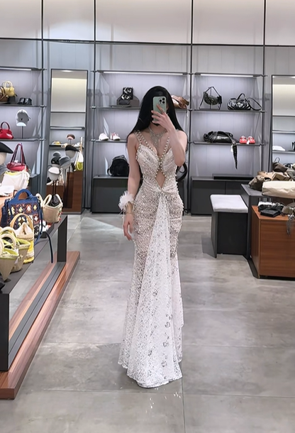White halter neck, fitted waist, slimming and sexy long ball gown R7905