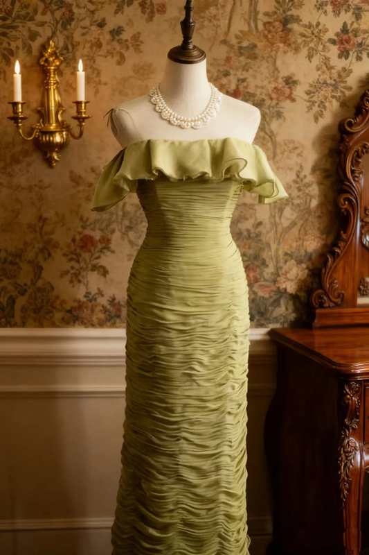 Green off-the-shoulder, fitted, pleated, long ball gown with ruffles R6719