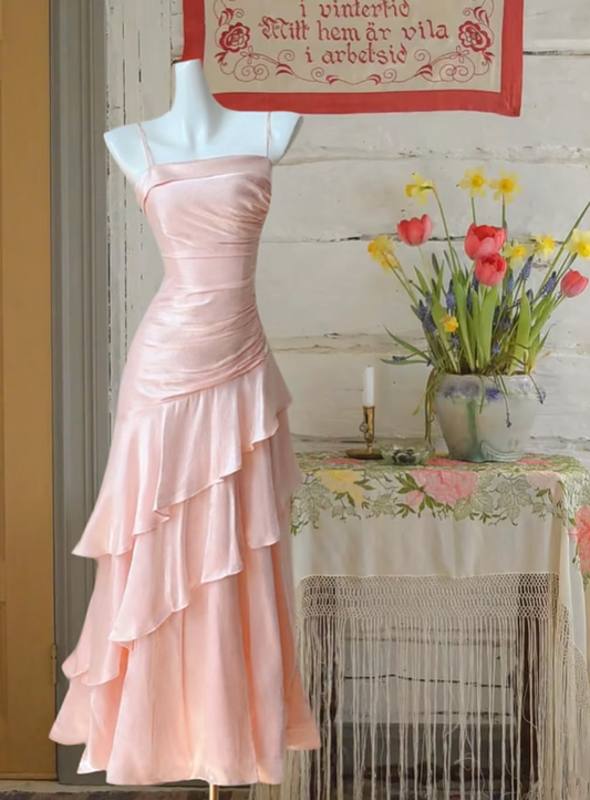 Light-colored suspender satin pleated waist slim ruffled skirt long dress, ball gown R6239