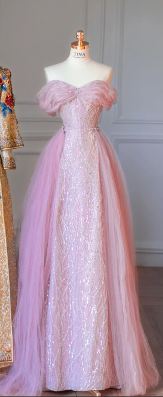 Light Purple Off-the-Shoulder Fitted-Waist Slim-Fit A-Line Long Prom Dress / Bridal Gown R5918