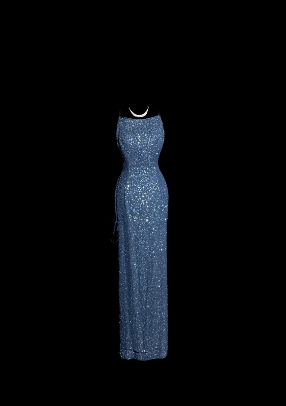 Navy blue sequined halter-neck fitted waist slimming backless hip-revealing long ball gown R6679