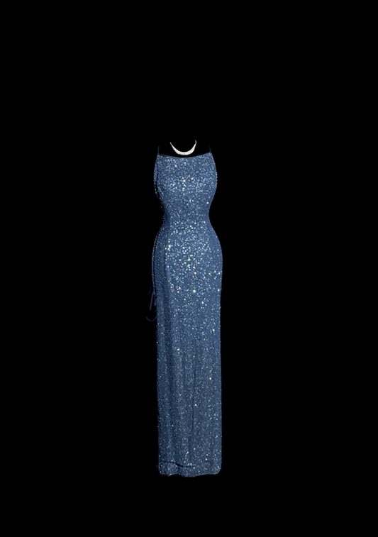 Navy blue sequined halter-neck fitted waist slimming backless hip-revealing long ball gown R6679