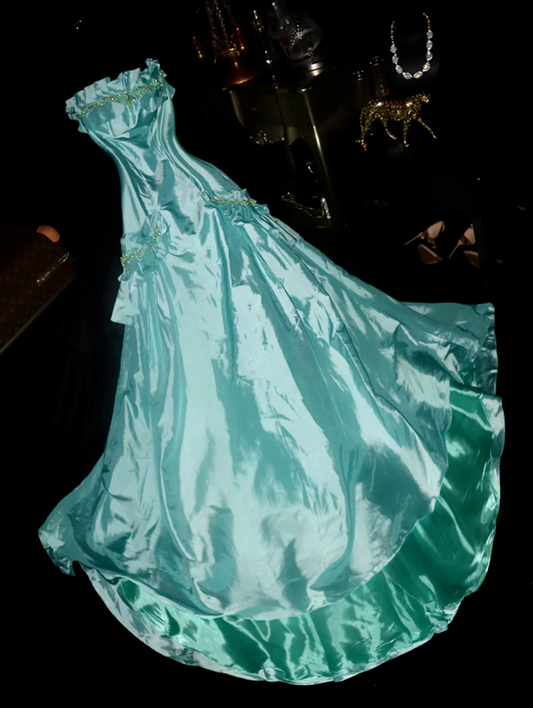 Lake blue satin strapless fitted long ball gown R6918