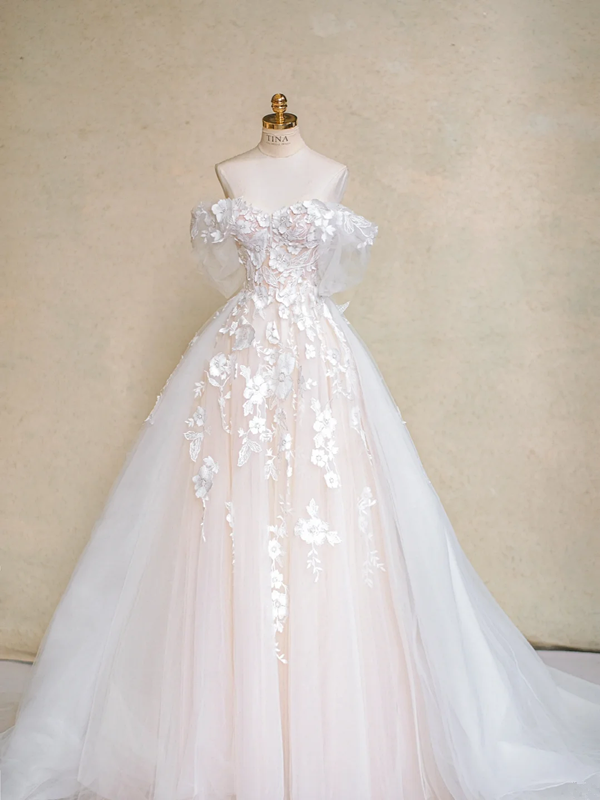 White Strapless One Shoulder 3D Flower A-Line Puffy Maxi Bridal Dress R5725