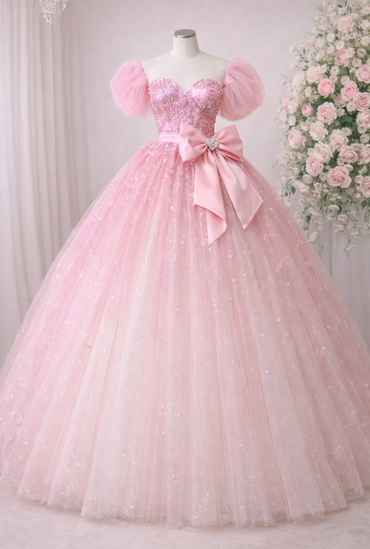 Puffy Princess Glitter Corset Prom Gown , Pink Women's Maxi Evening Dress Birthday Dress RS2402