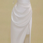 White one-shoulder slim-waist satin pleated slit maxi bridal gown R5766