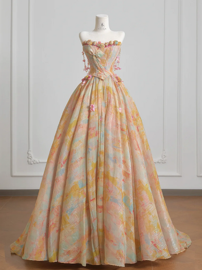 Light orange strapless, fitted waist, full skirt, long ball gown, bridal dress R8223