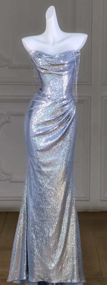 Silver Sequined Strapless Waist Slim Pleated Hip Ball Gown Bridal Gown R5802