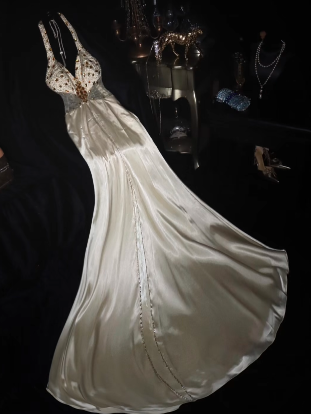 Champagne-colored sexy halter-neck satin elegant long dress, ball gown R6399