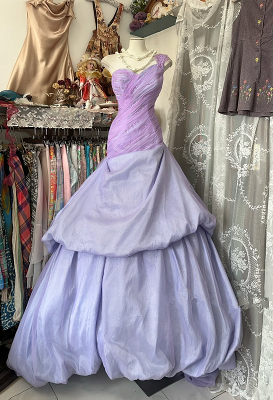 Purple one-shoulder fitted waist long dress with a puffy tulip skirt, a ball gown R6319