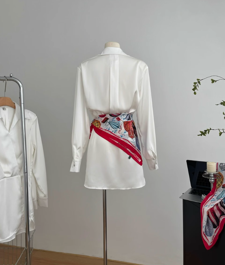 Rose feel textured acetate shirt dress short skirt niche v-neck white dress R2095