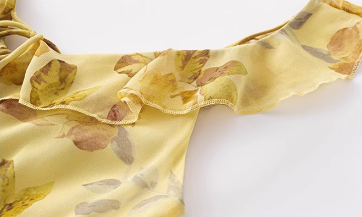 French yellow floral ruffle dress 2025 new temperament long skirt R2597