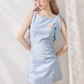Blue and White Checkerboard Pleated Fitted Dress R5247