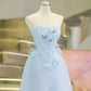 Blue tube top three-dimensional flower waist slim A-line short skirt homecoming dress R3363