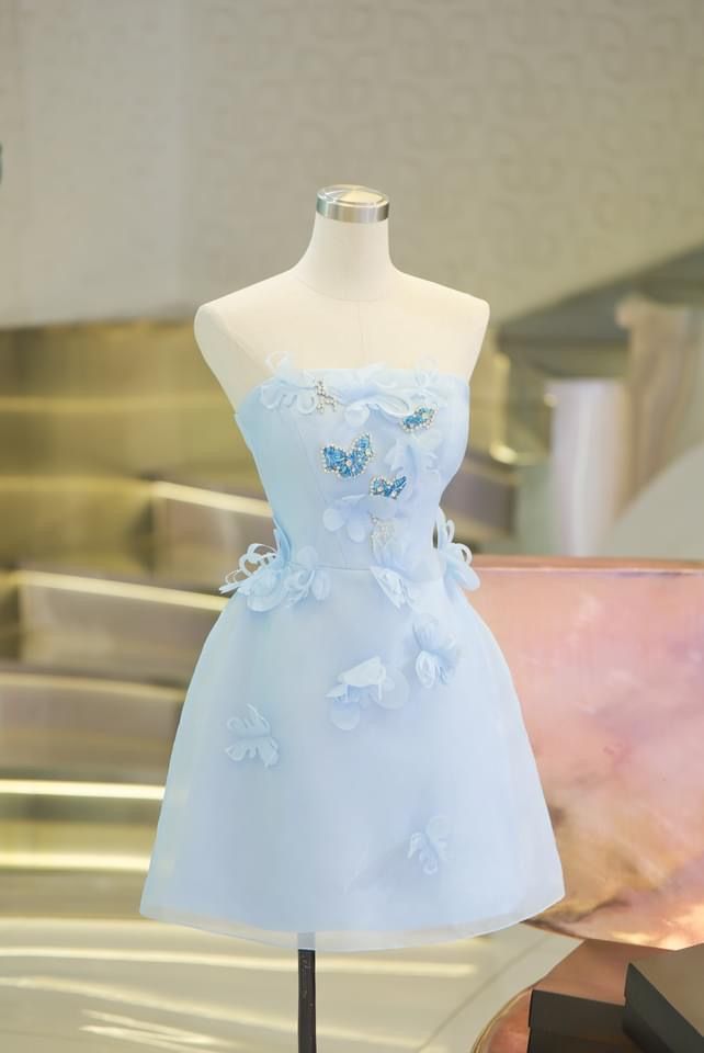 Blue tube top three-dimensional flower waist slim A-line short skirt homecoming dress R3363