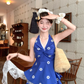 Short V-neck halter neck embroidered top high waist A-line skirt suit for women summer R4868