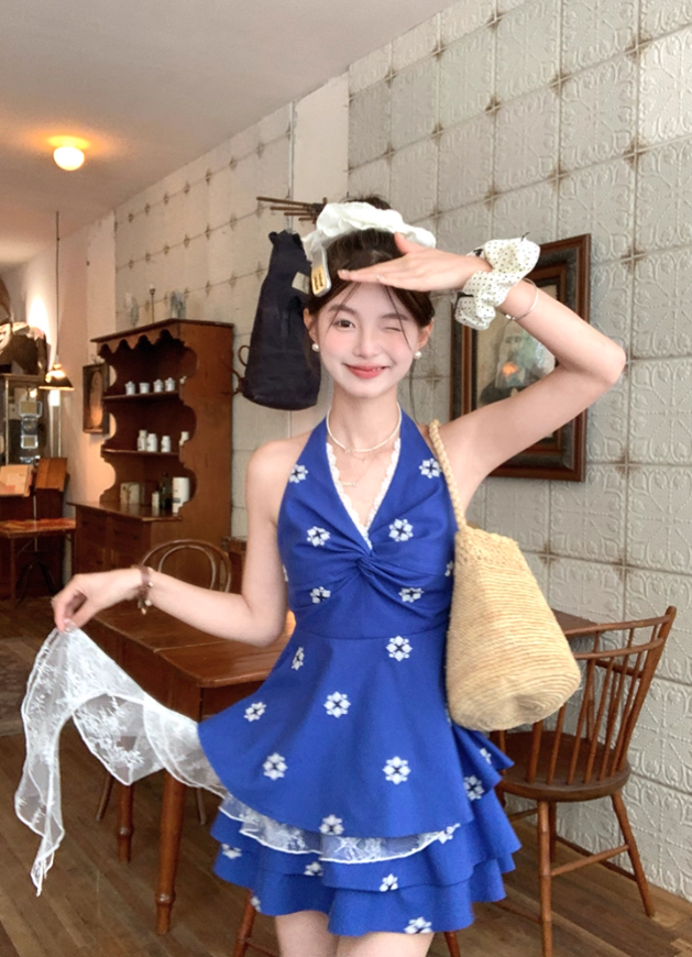 Short V-neck halter neck embroidered top high waist A-line skirt suit for women summer R4868