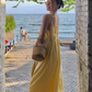 Yellow suspender dress loose lazy style backless sexy beach dress holiday long dress R1587