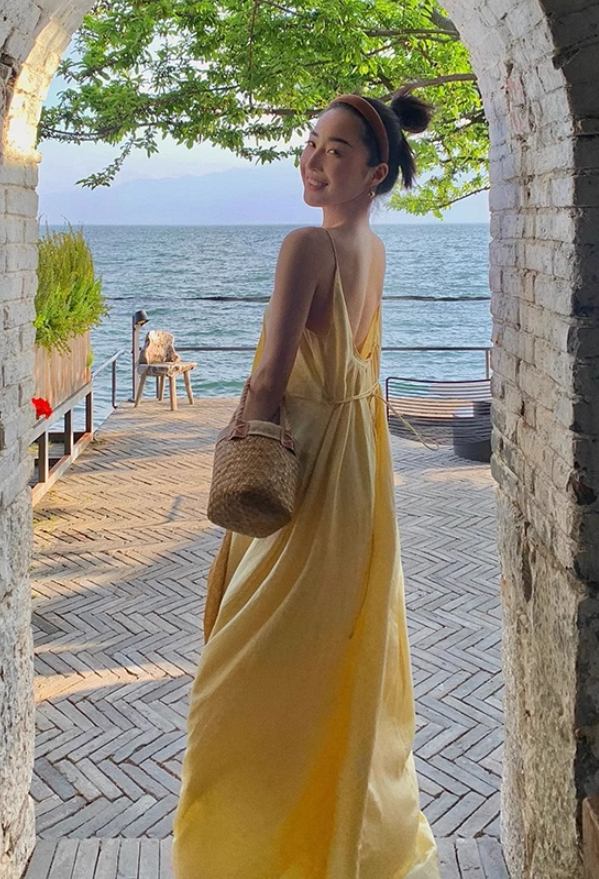 Yellow suspender dress loose lazy style backless sexy beach dress holiday long dress R1587