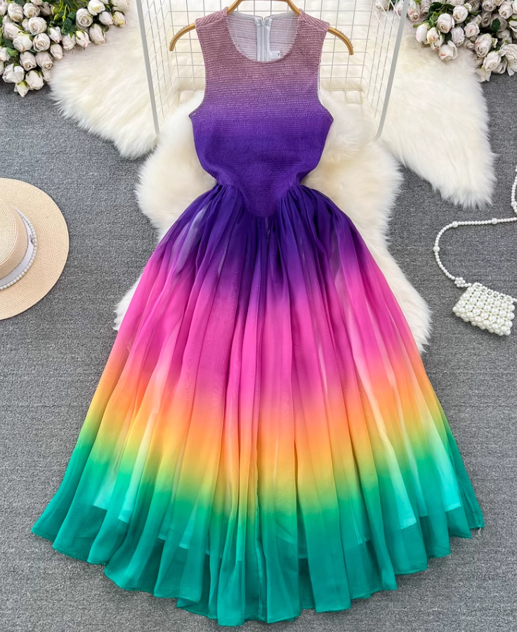 Temperament sleeveless round neck waist slimming A-line rainbow gradient chiffon elegant dress R0405